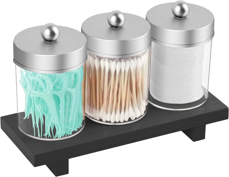 MKOSAB 3 Pcs Qtip Holder,Clear Apothecary Jars with Wooden Tray for Cotton Balls,Swabs,Farmhouse Decor Bathroom Vanity Organizers Accessories for Makeup Brushes,Lipstick Storage (Silver) - Image 1